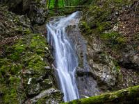 Querliegender Baumstamm vor Wasserfall im unteren Markbach